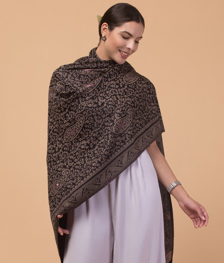 Zari Work Paisley Design Shawl - Black