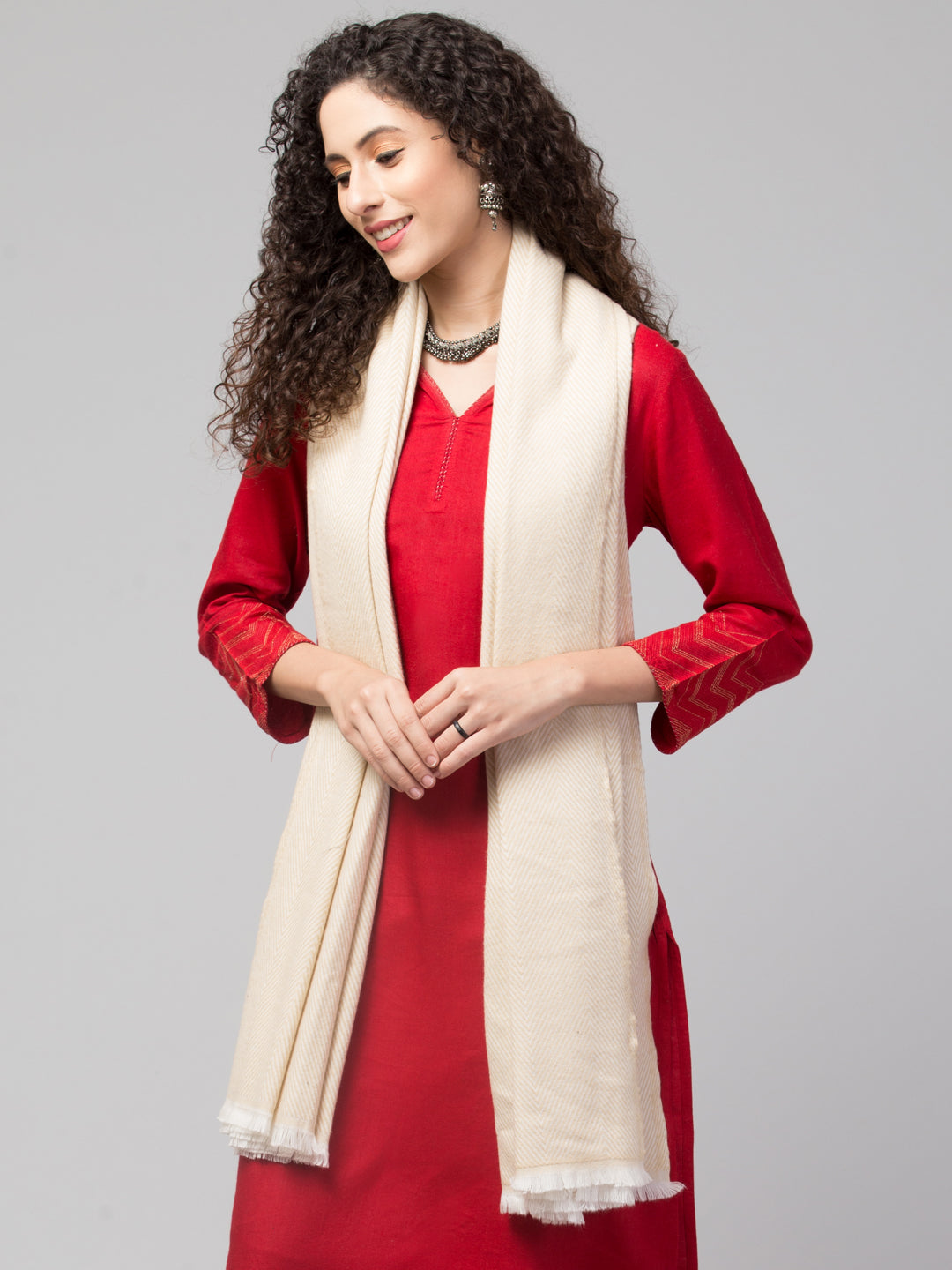 Tweedle Heringbone Design Super Soft Woolen Stole / Scarf for Women - Off-White (28 x 80 inches)