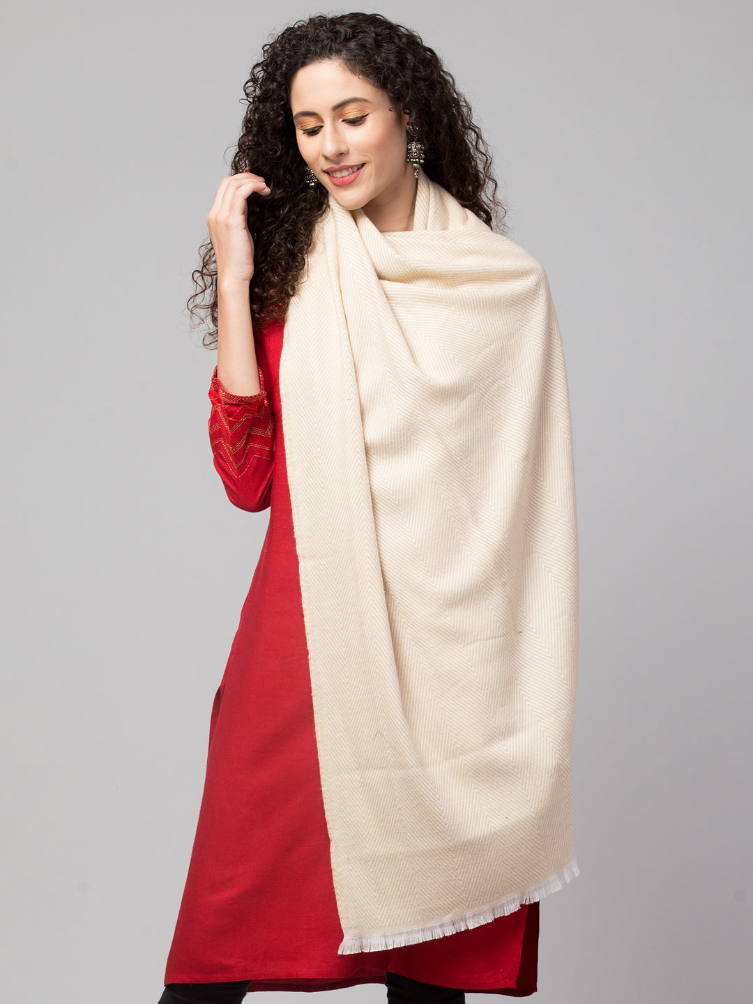 Tweedle Heringbone Design Super Soft Woolen Stole / Scarf for Women - Off-White (28 x 80 inches)