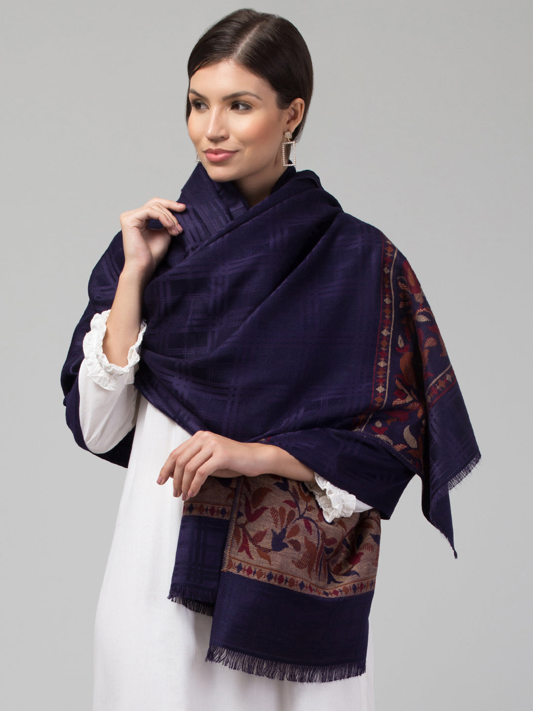 Geometrical Fusion Design Woven Shawl - Navy Blue
