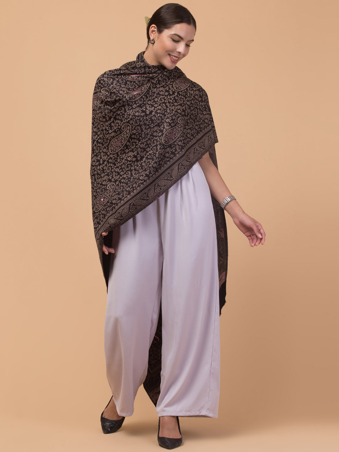 Zari Work Paisley Design Shawl - Black