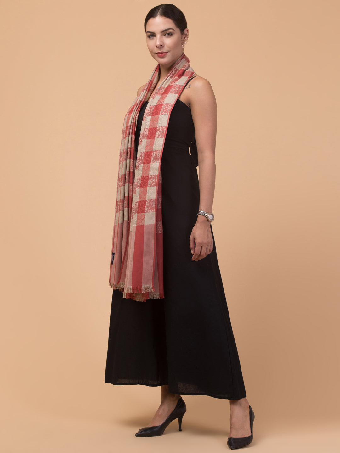 Reversible, Check Design, Woven Shawl - Peach Pink