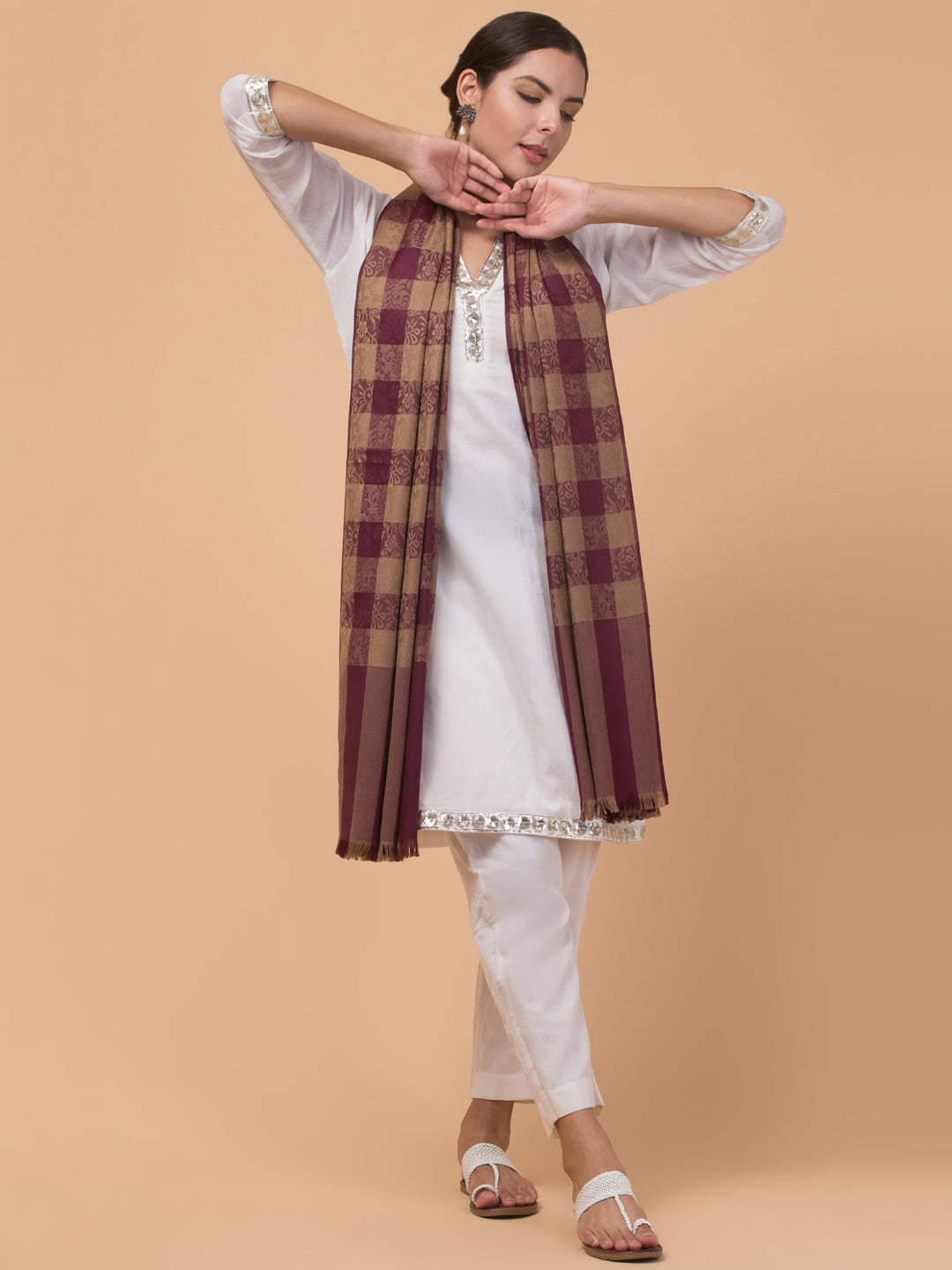 Reversible, Check Design, Woven Shawl - Wine