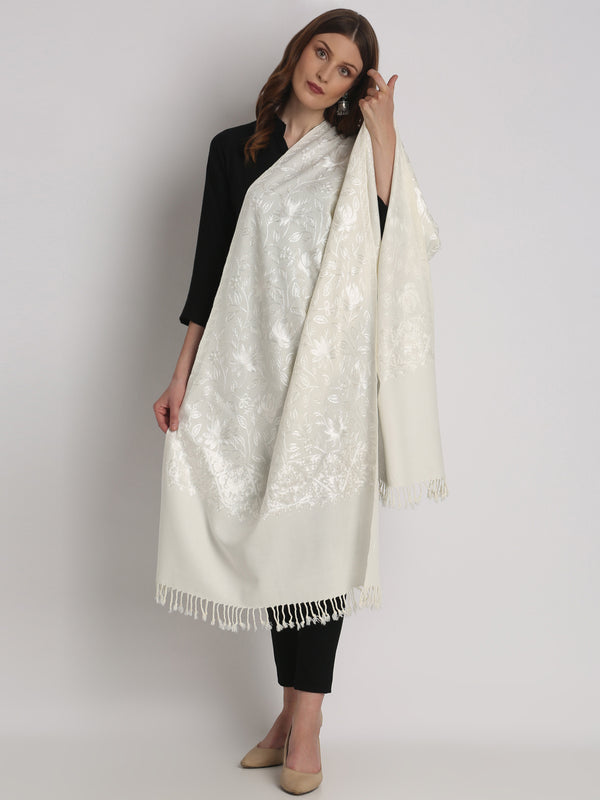 Blended Wool White on White Aari Embroidery Stole