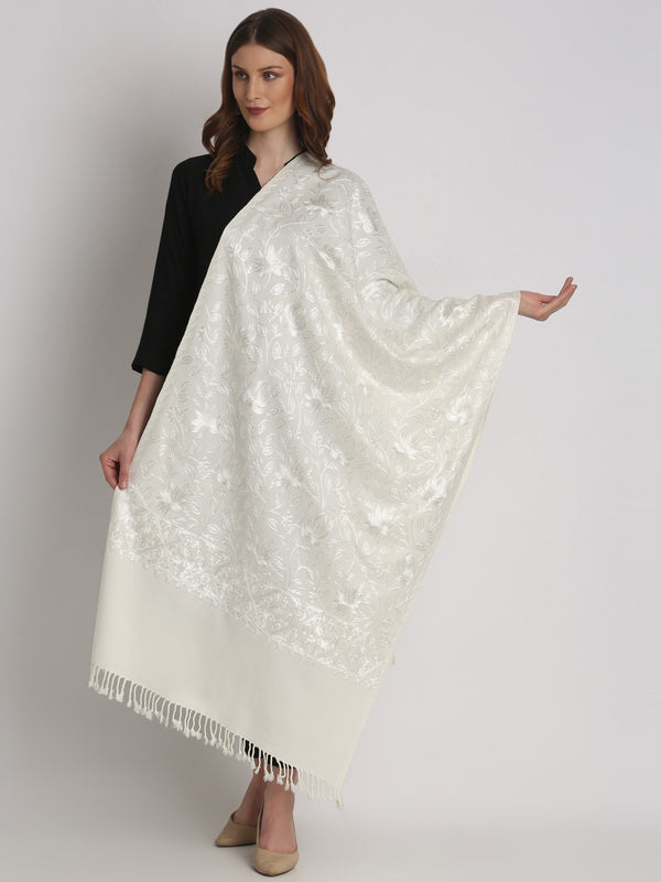 Blended Wool White on White Aari Embroidery Stole