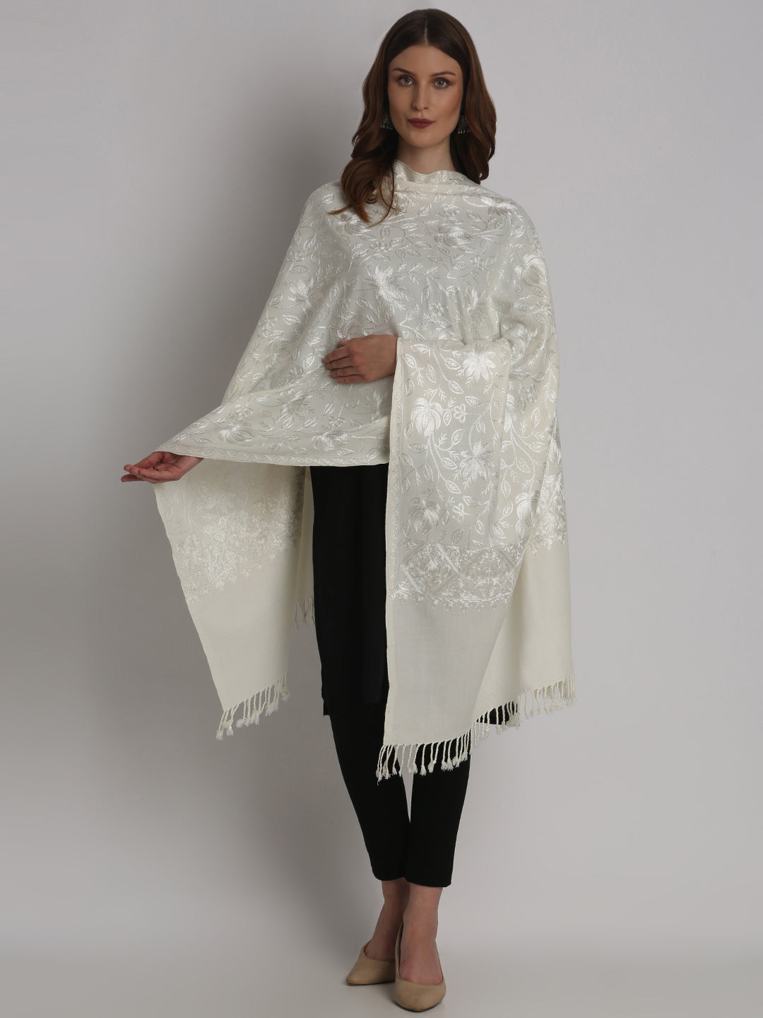 Blended Wool White on White Aari Embroidery Stole