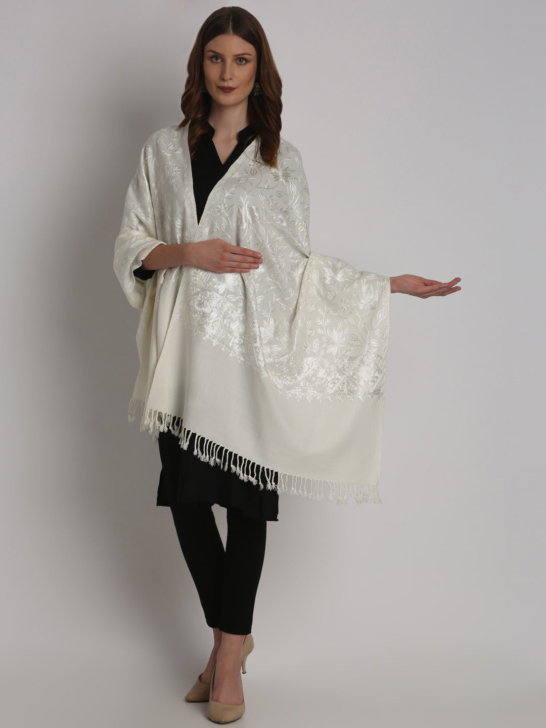 Blended Wool White on White Aari Embroidery Stole