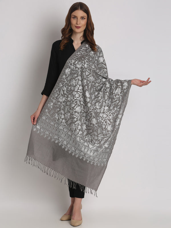 Fine Wool Tone to Tone Silky Thread Kashmiri Embroidery Stole - Grey