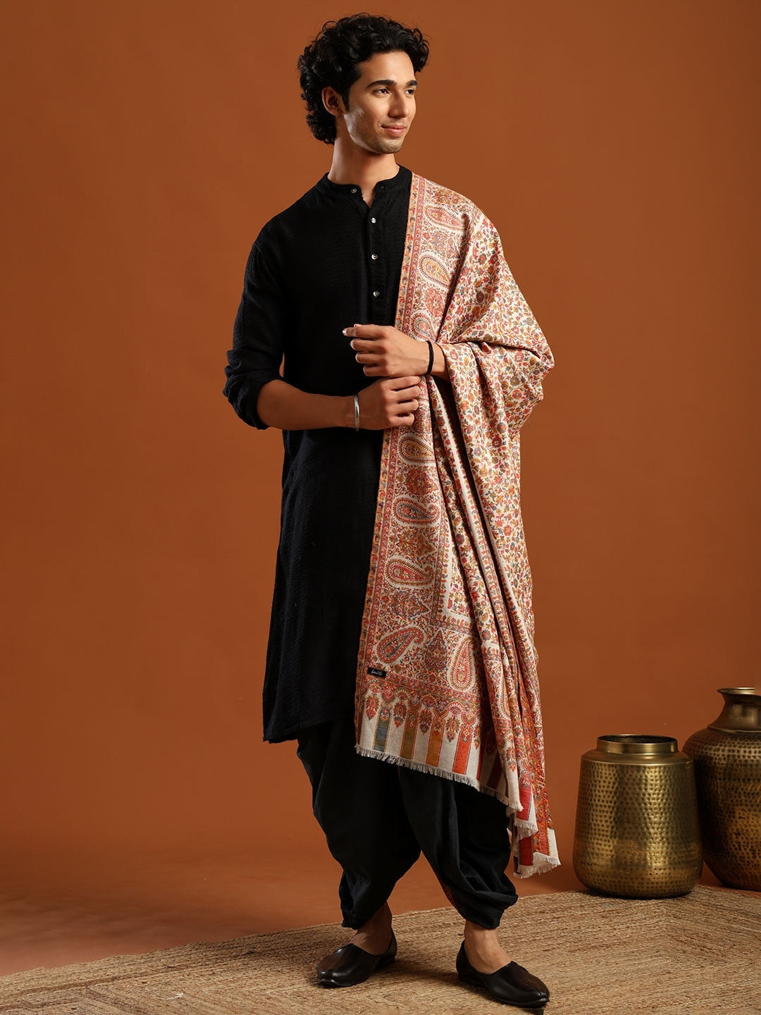 Tweedle Men’s Blended Wool Kashmiri Kani Shawl  | Off White