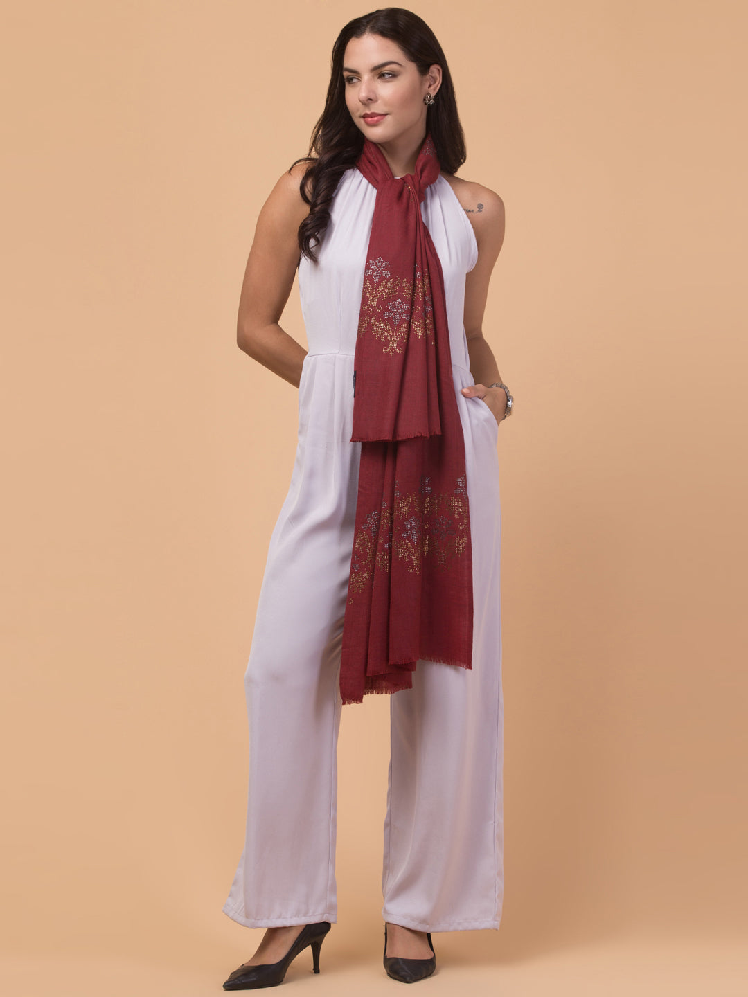 Crystal /Stone Booti Work Fine Wool Stole - Maroon