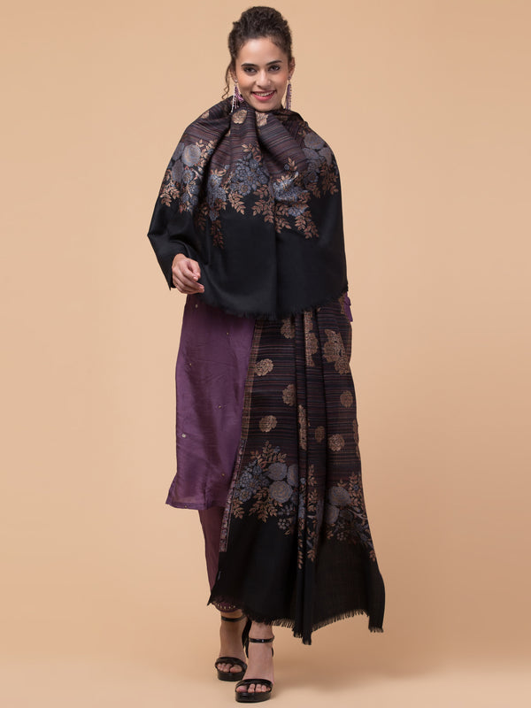 Fine Wool Ethnic Shawl with Rose & Stripes Fusion Design - Black