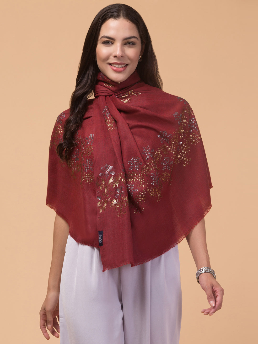 Crystal /Stone Booti Work Fine Wool Stole - Maroon