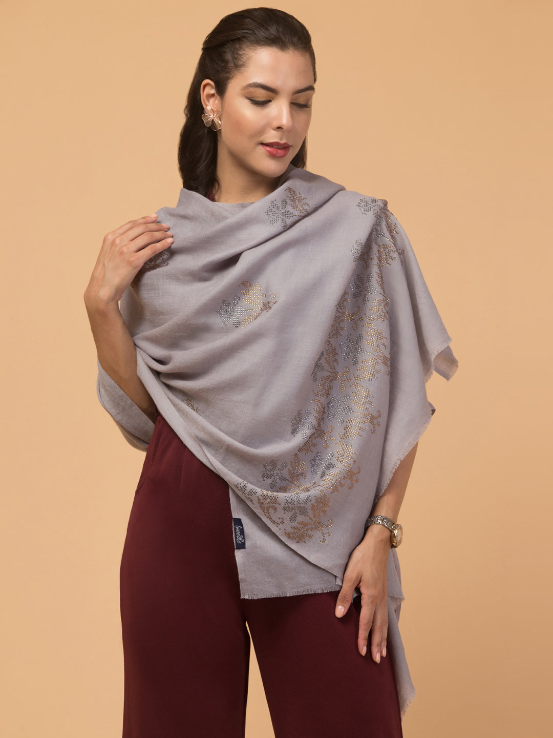 Crystal /Stone Booti Work Fine Wool Stole - Grey