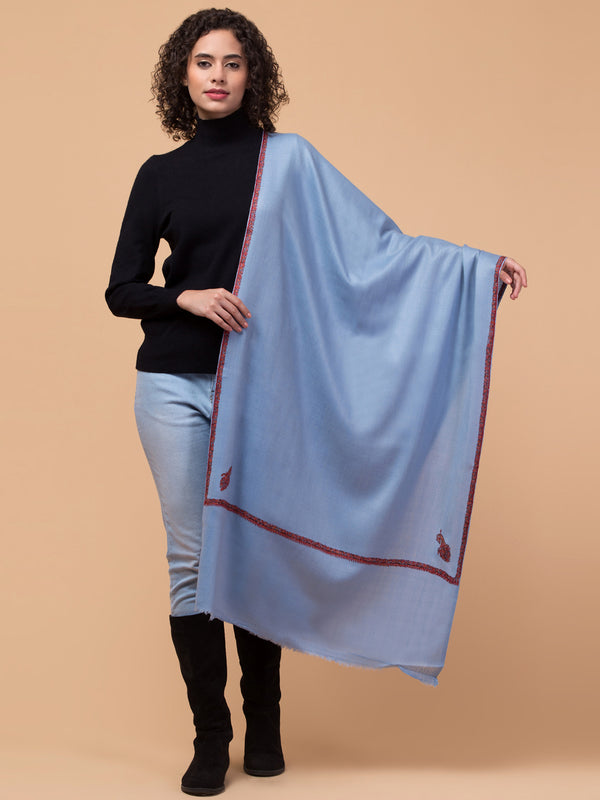 Fine Wool Plain Traditional Kingri Stole with Hand Embroidery Border - Light Blue