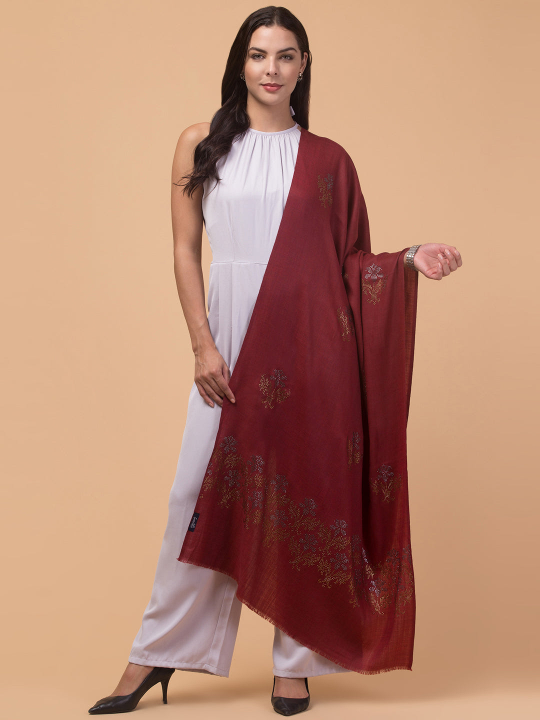 Crystal /Stone Booti Work Fine Wool Stole - Maroon