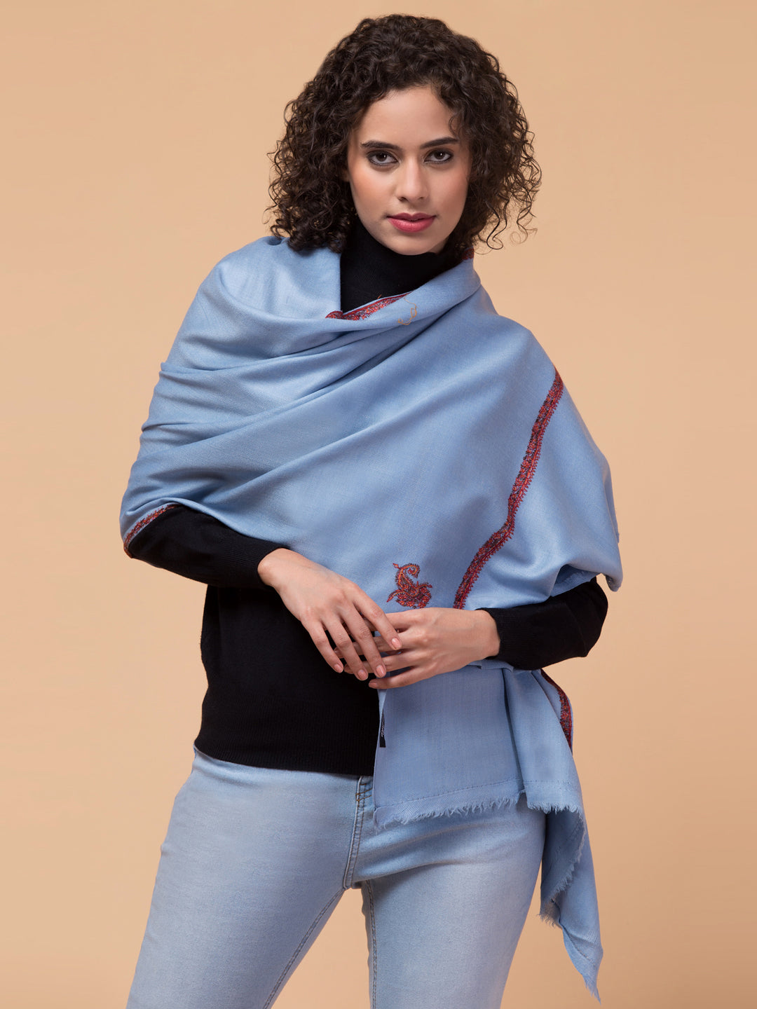 Fine Wool Plain Traditional Kingri Stole with Hand Embroidery Border - Light Blue