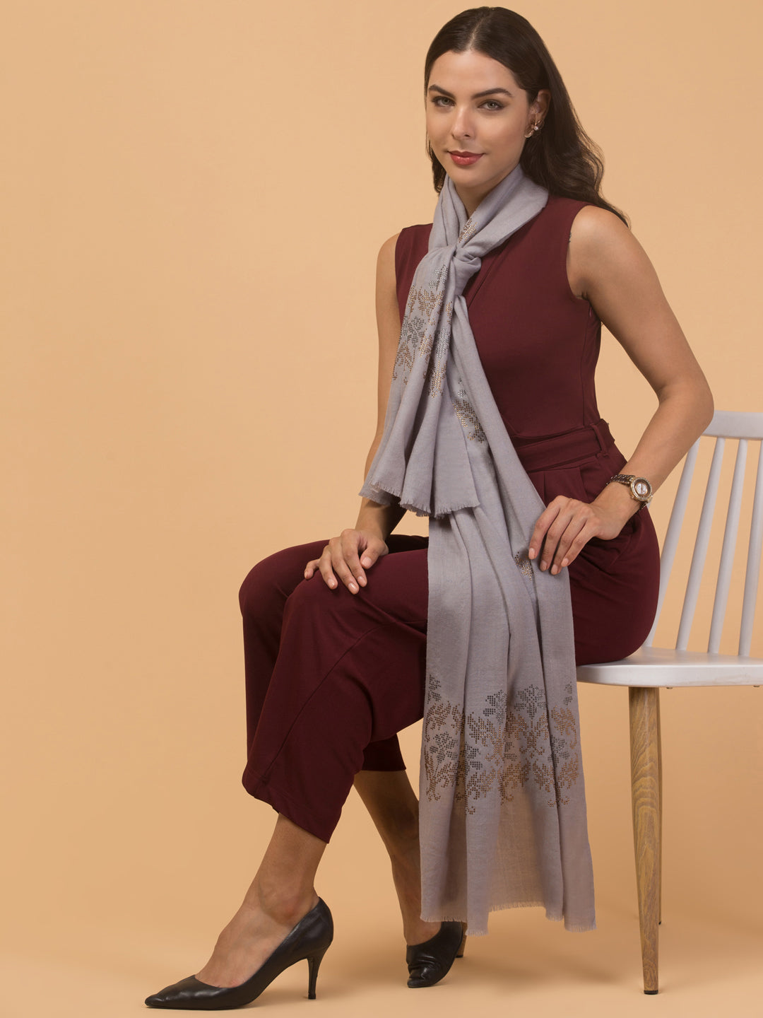 Crystal /Stone Booti Work Fine Wool Stole - Grey