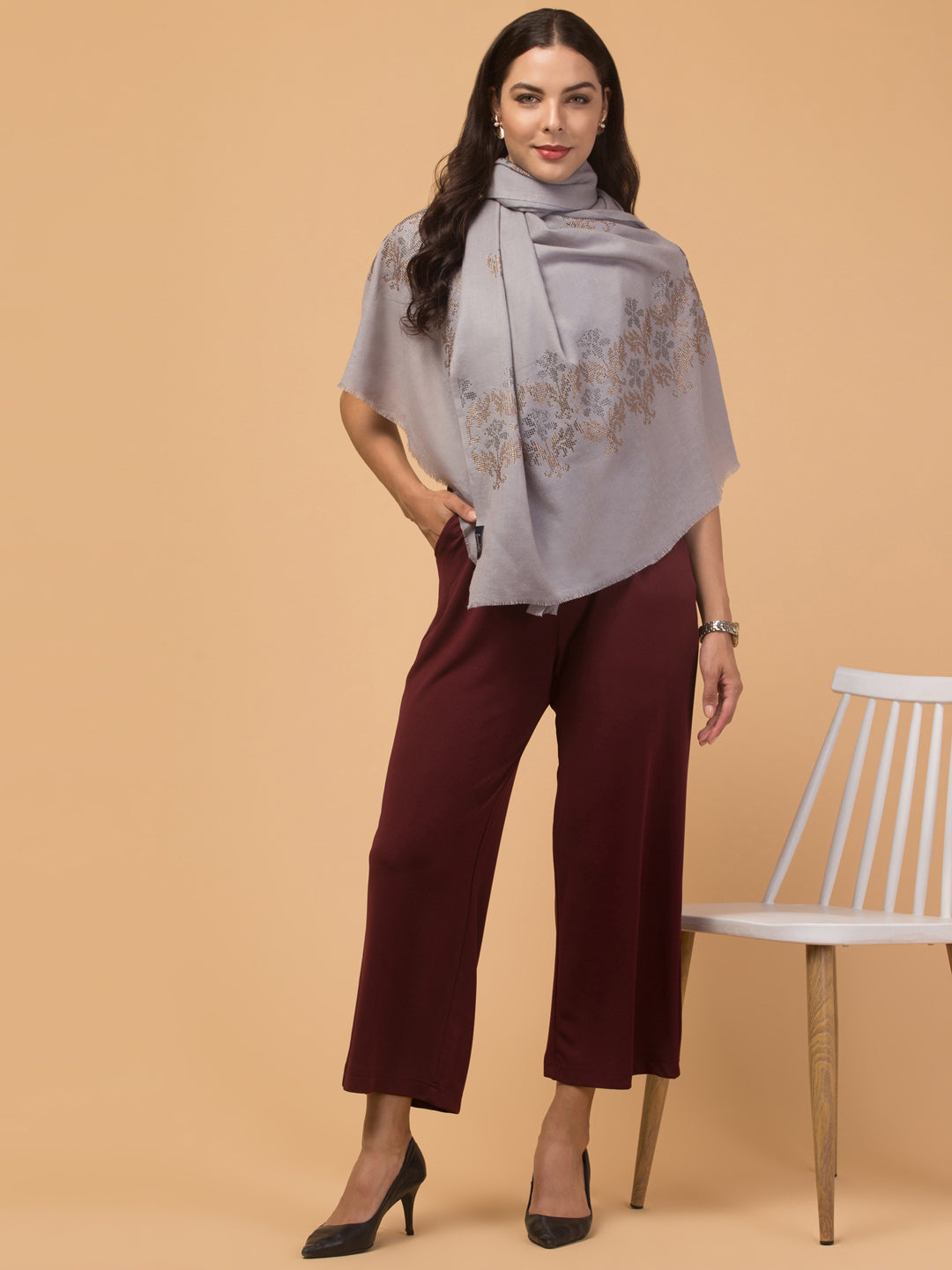 Crystal /Stone Booti Work Fine Wool Stole - Grey