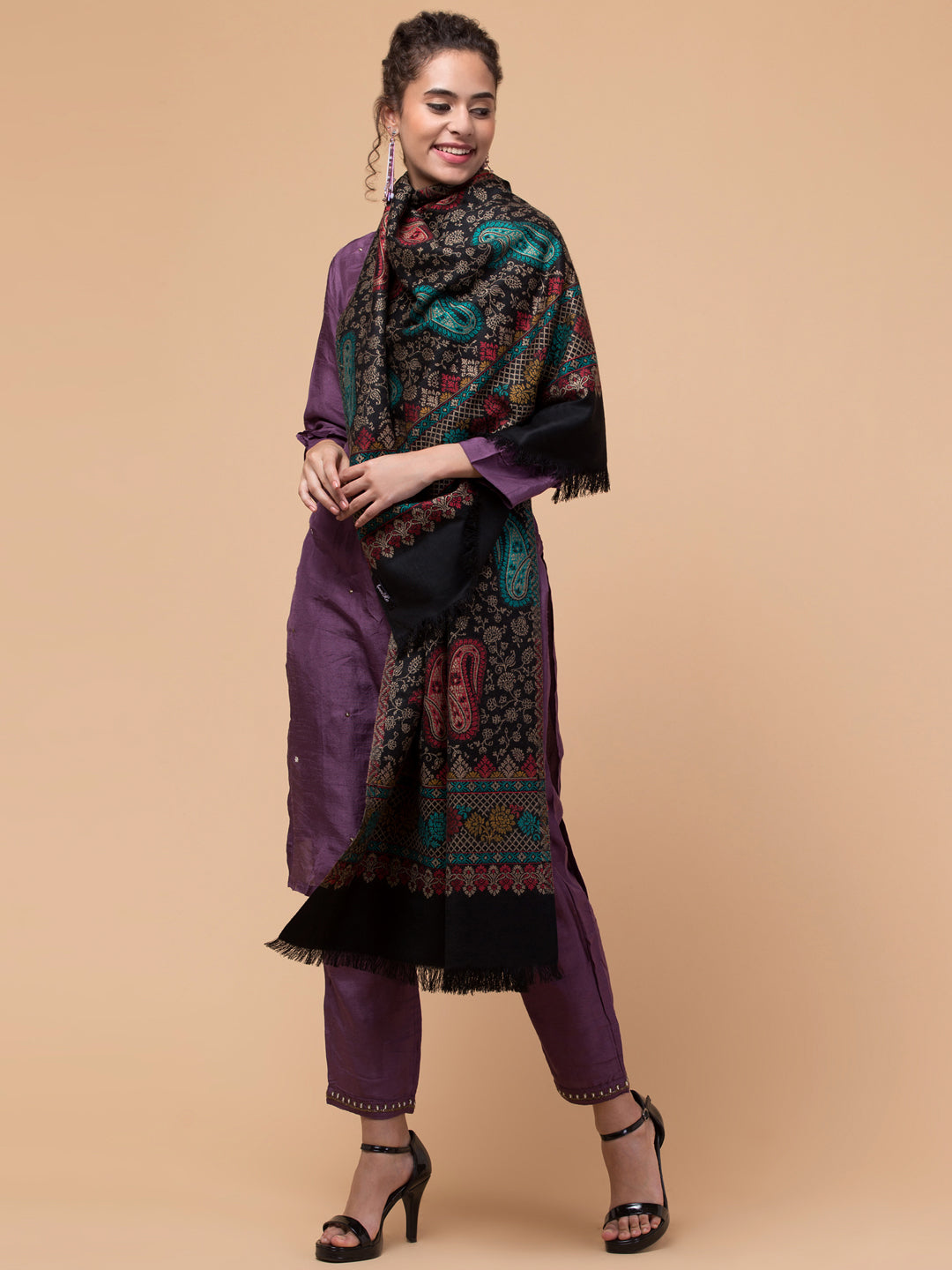 Ethnic Paisley Design Stole with Fringed Edges  - Black