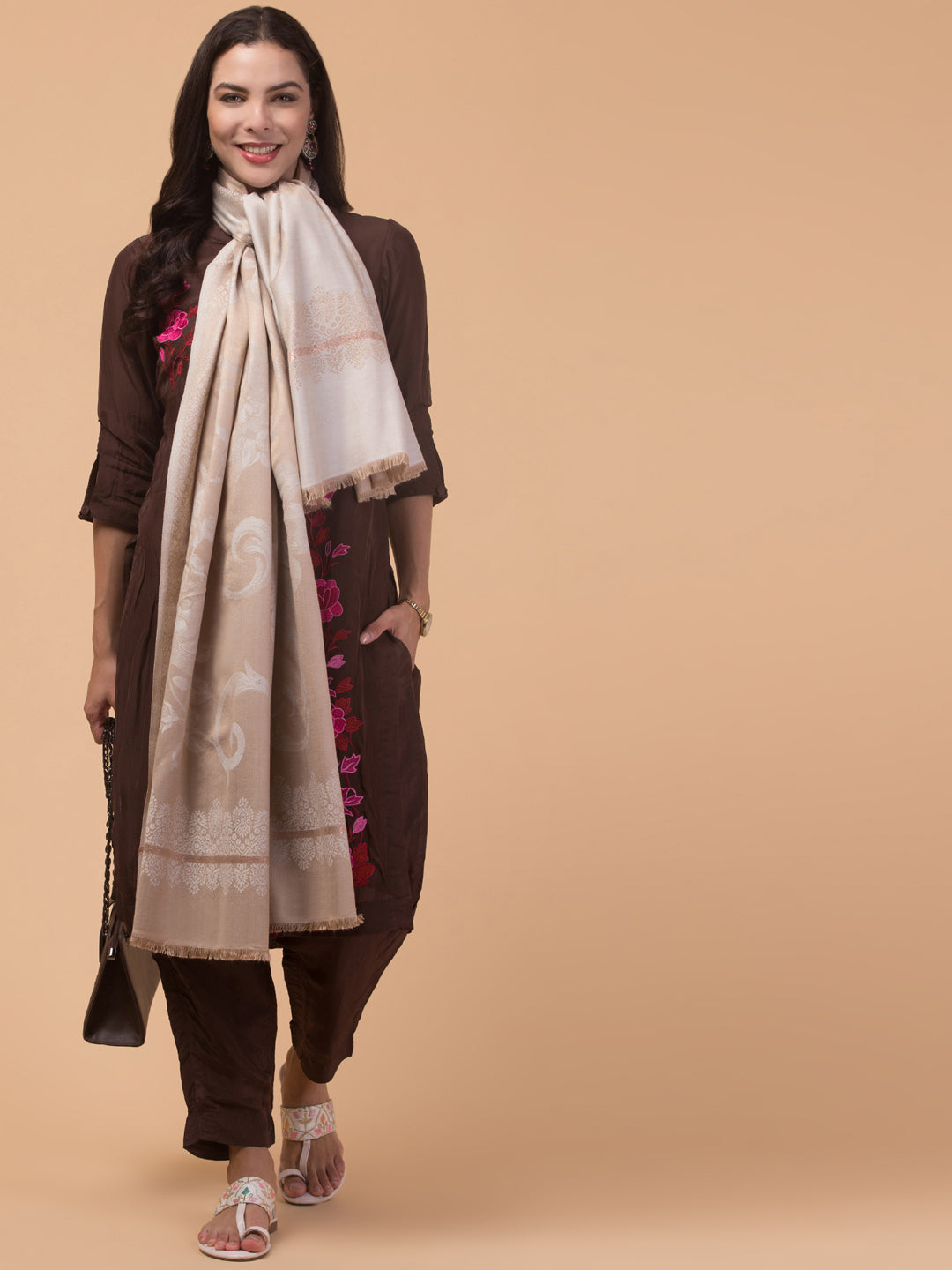 Soft and Smooth Feel, Rose Design, Reversible Shawl - Beige