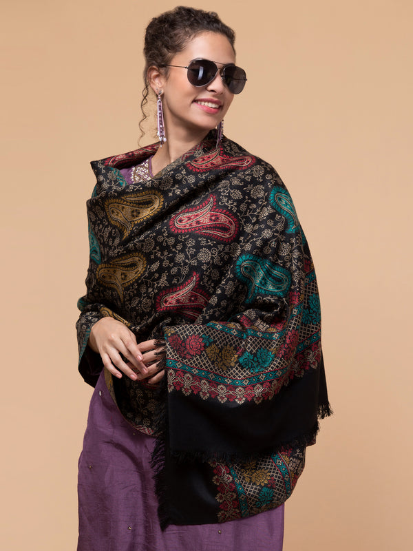 Ethnic Paisley Design Stole with Fringed Edges  - Black