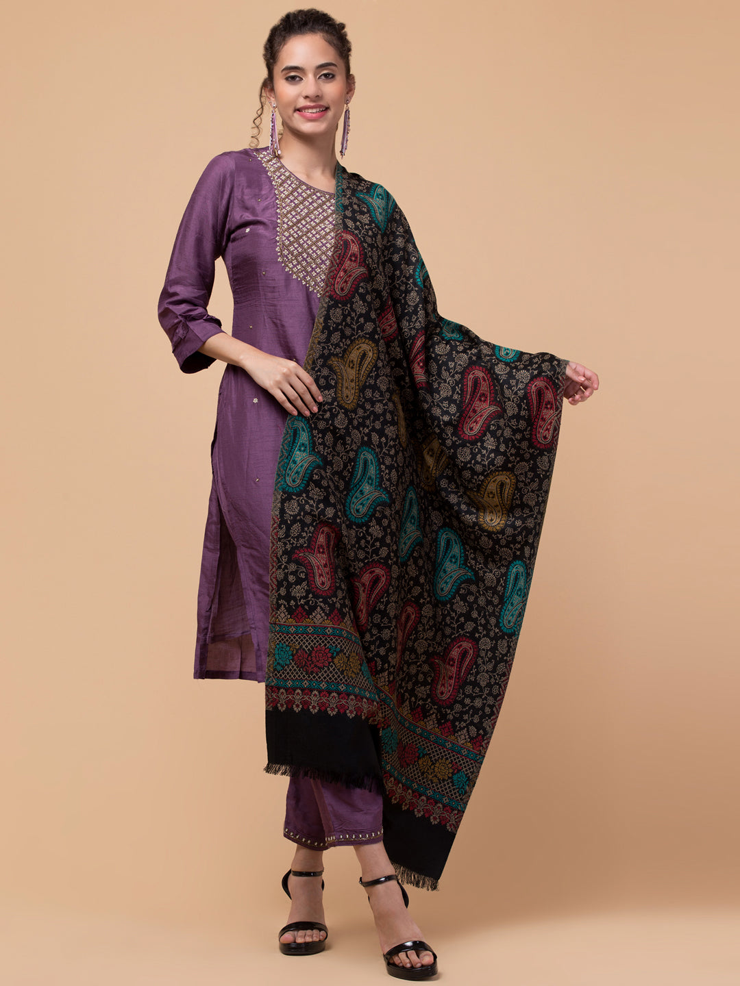 Ethnic Paisley Design Stole with Fringed Edges  - Black