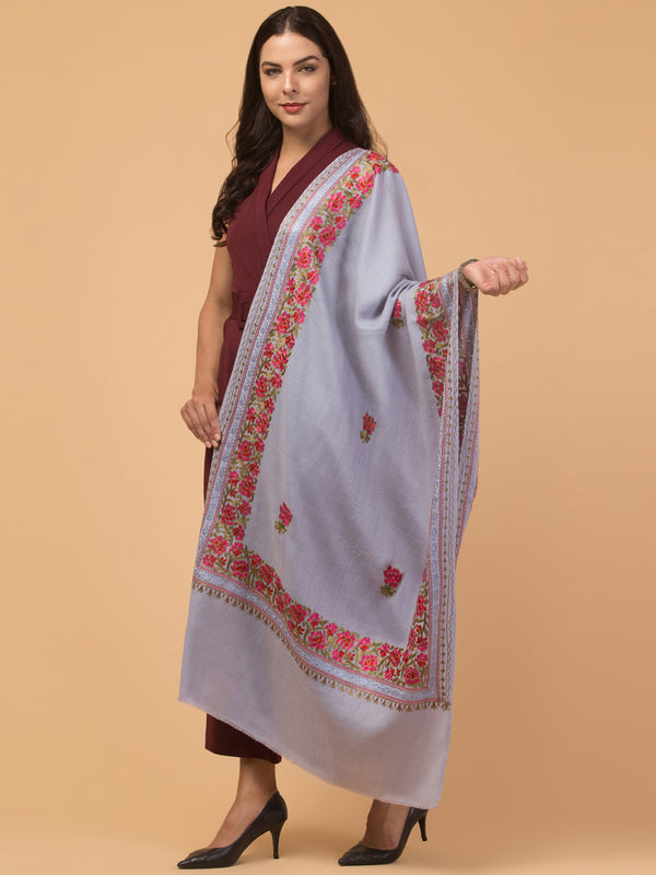 Kashmiri Aari Embroidery Stole, Solid Color with Multicolor Floral Design - Sky Blue