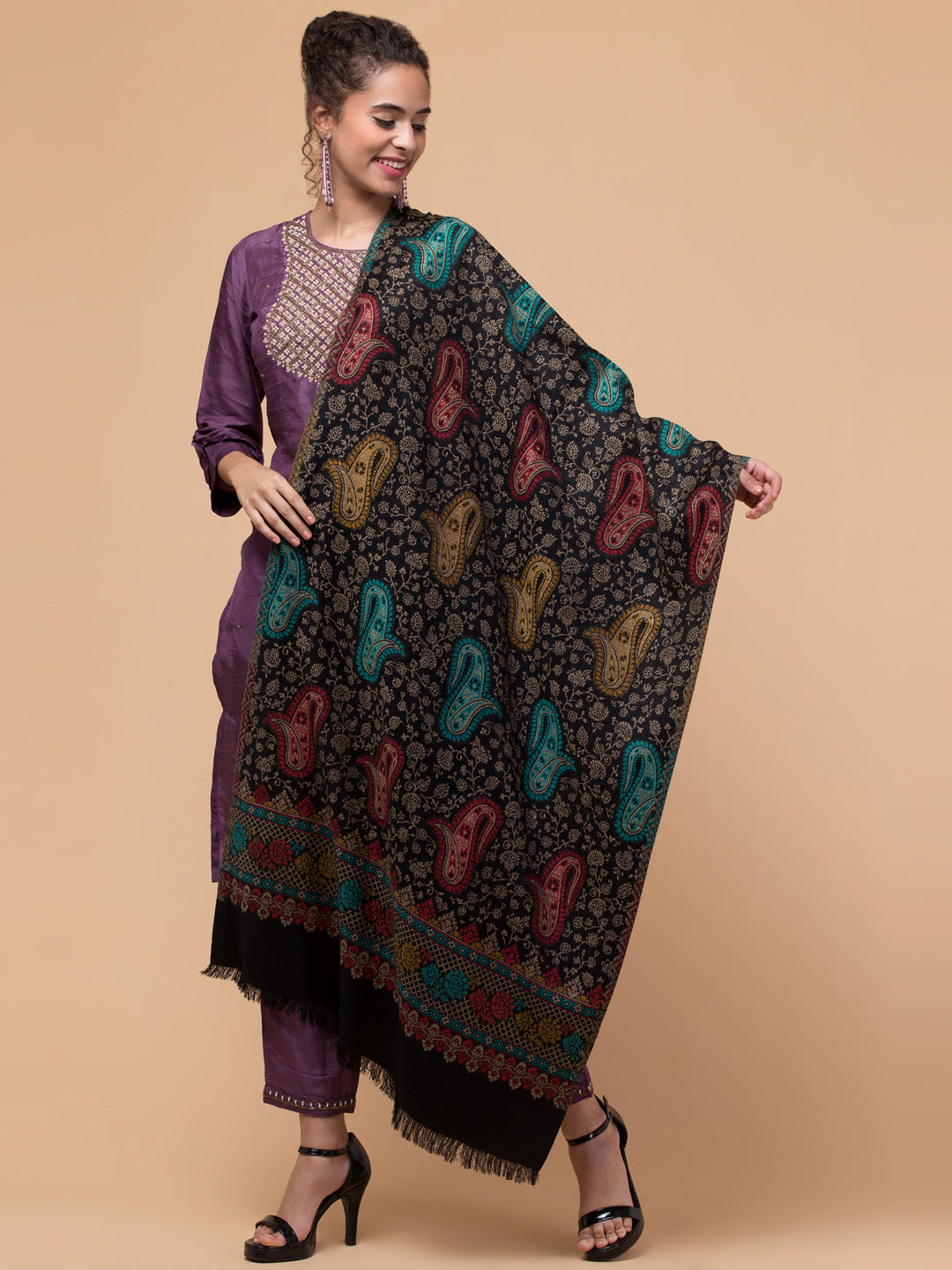 Ethnic Paisley Design Stole with Fringed Edges  - Black