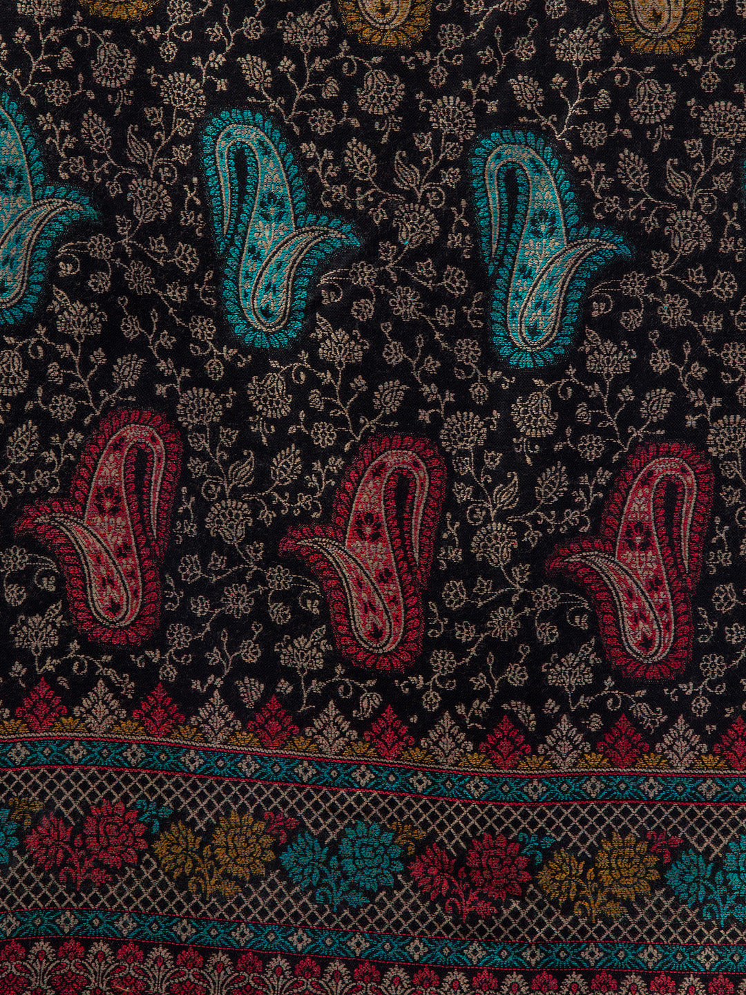 Ethnic Paisley Design Stole with Fringed Edges  - Black