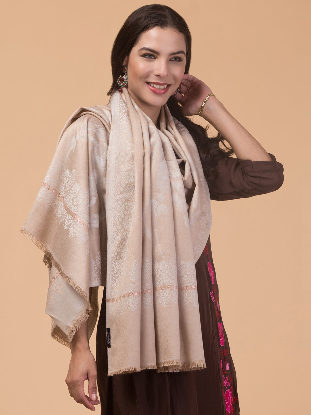 Soft and Smooth Feel, Rose Design, Reversible Shawl - Beige