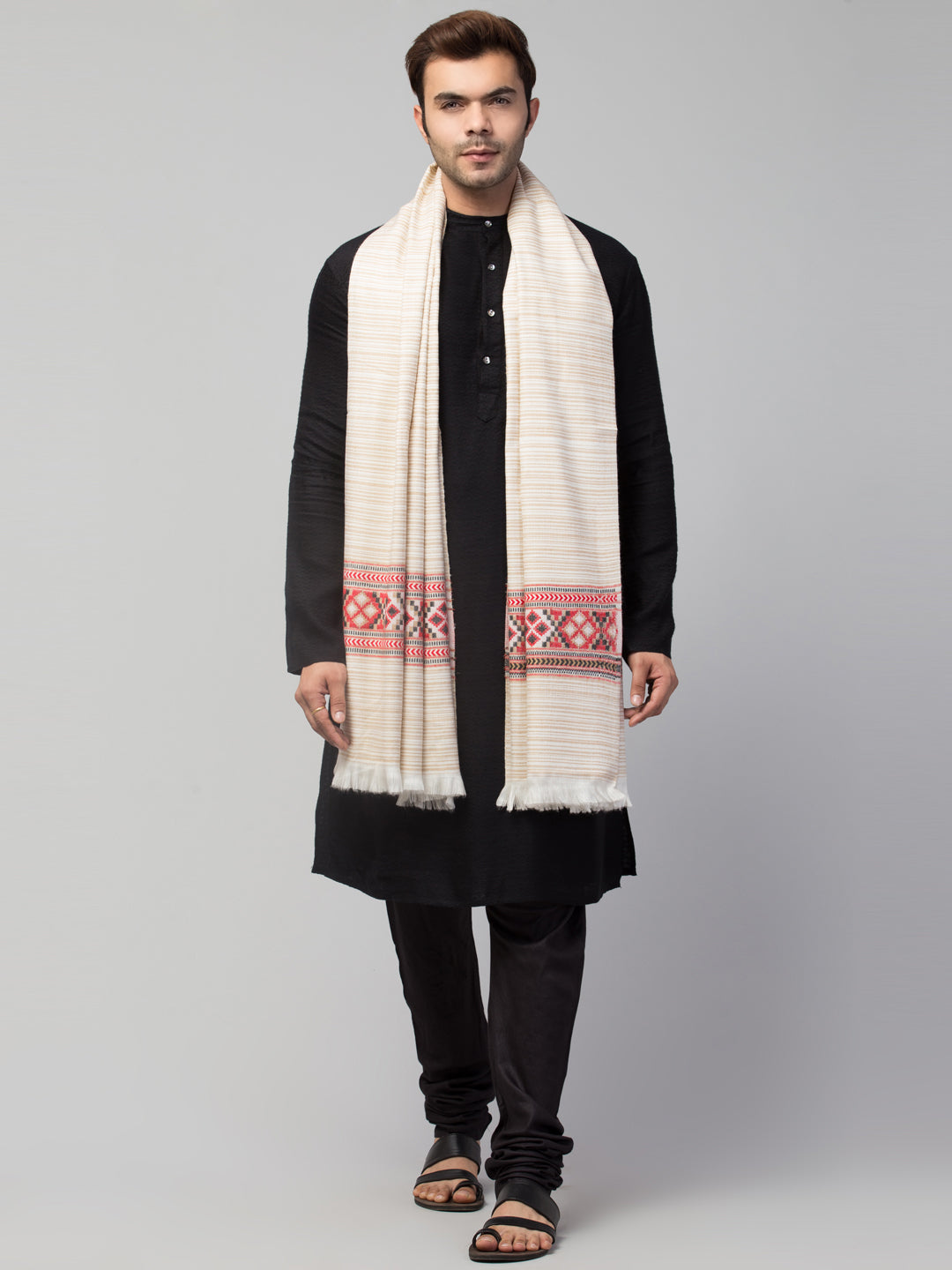 Ethnic Kullu Shawl for Men, Traditional Himachali Design with Tribal Motifs - Off White (40x80)