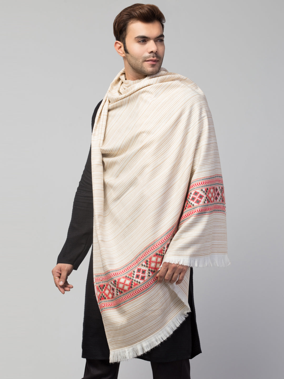 Ethnic Kullu Shawl for Men, Traditional Himachali Design with Tribal Motifs - Off White (40x80)
