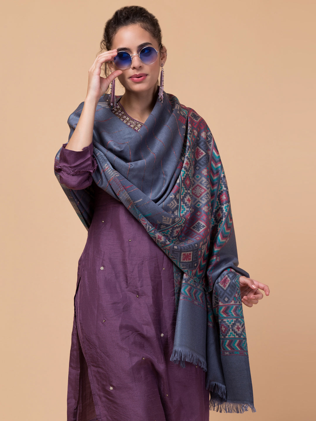 Tweedle Ethnic Kullu Design, Kani Stole for Women, Grey - 28 x 80 Inches