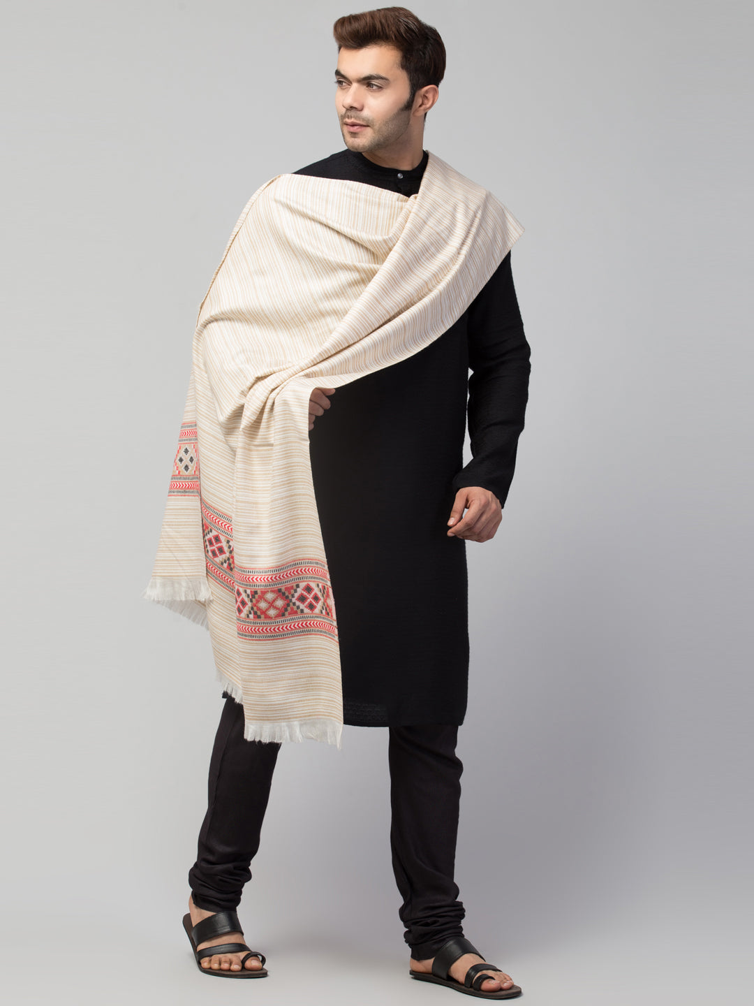 Ethnic Kullu Shawl for Men, Traditional Himachali Design with Tribal Motifs - Off White (40x80)