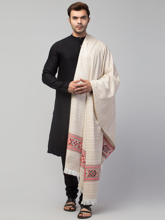 Ethnic Kullu Shawl for Men, Traditional Himachali Design with Tribal Motifs - Off White (40x80)