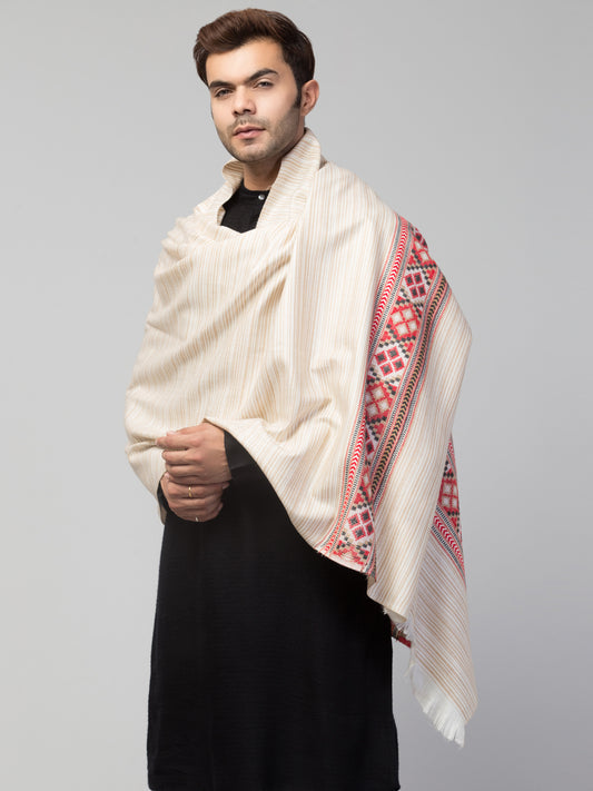 Ethnic Kullu Shawl for Men, Traditional Himachali Design with Tribal Motifs - Off White (40x80)