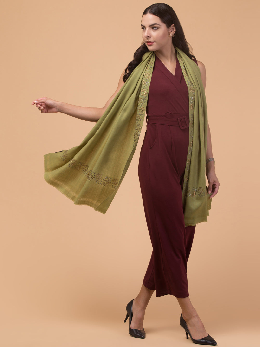 Fine Wool Crystal/Stone Work Stole for Winters - Green