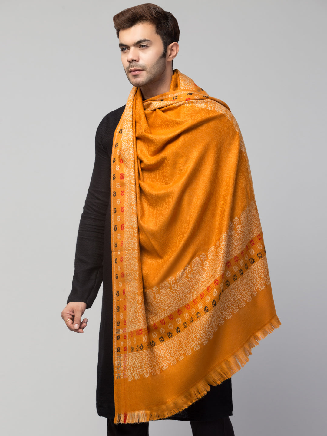 Jamawar Weave Plain Self Design with Border Shawl - Yellow