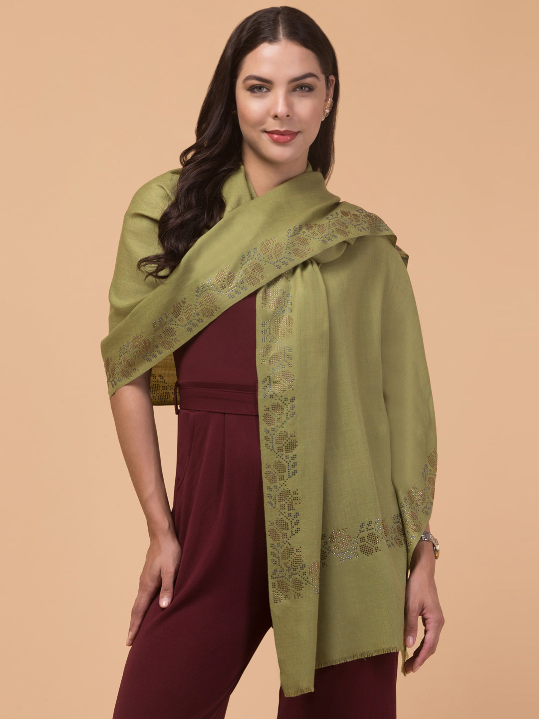 Fine Wool Crystal/Stone Work Stole for Winters - Green