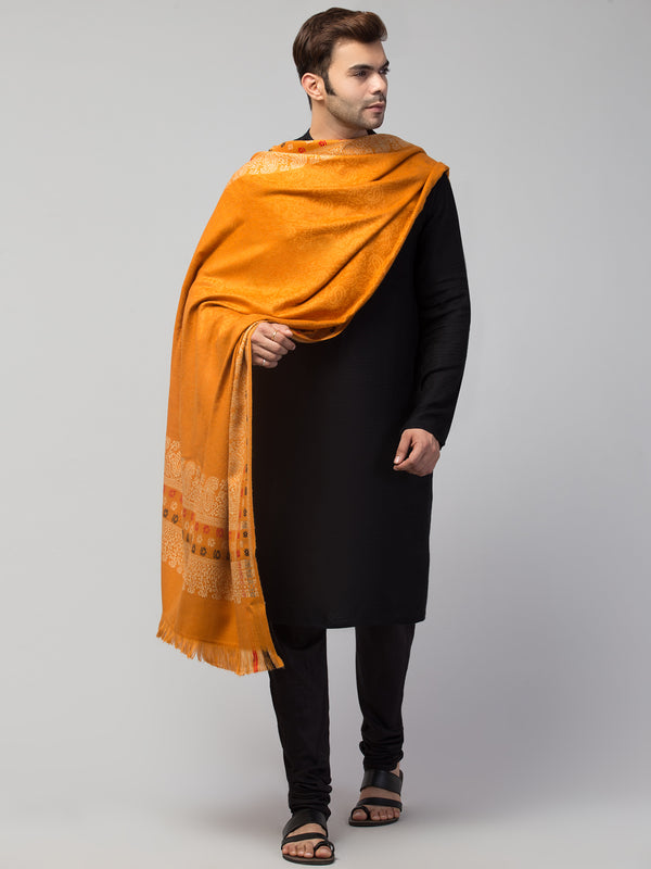 Jamawar Weave Plain Self Design with Border Shawl - Yellow