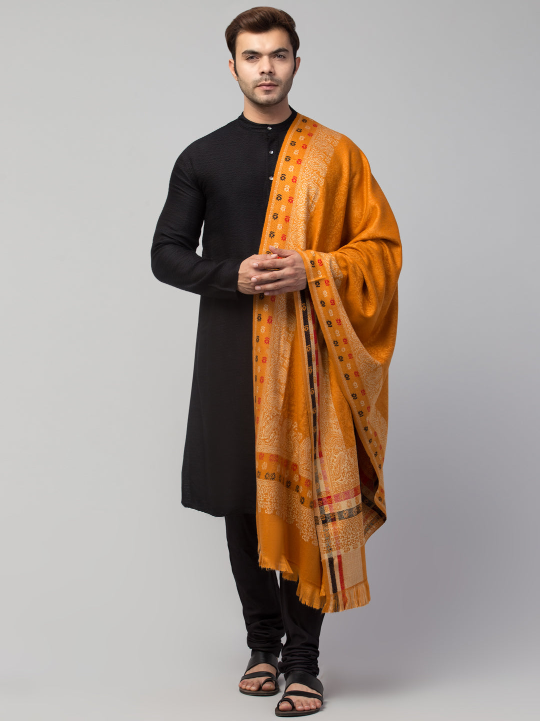 Jamawar Weave Plain Self Design with Border Shawl - Yellow
