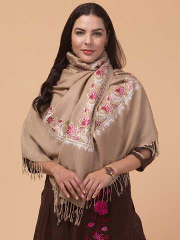 Acro Wool Stole / Wrap with Aari Embroidery Border - Beige