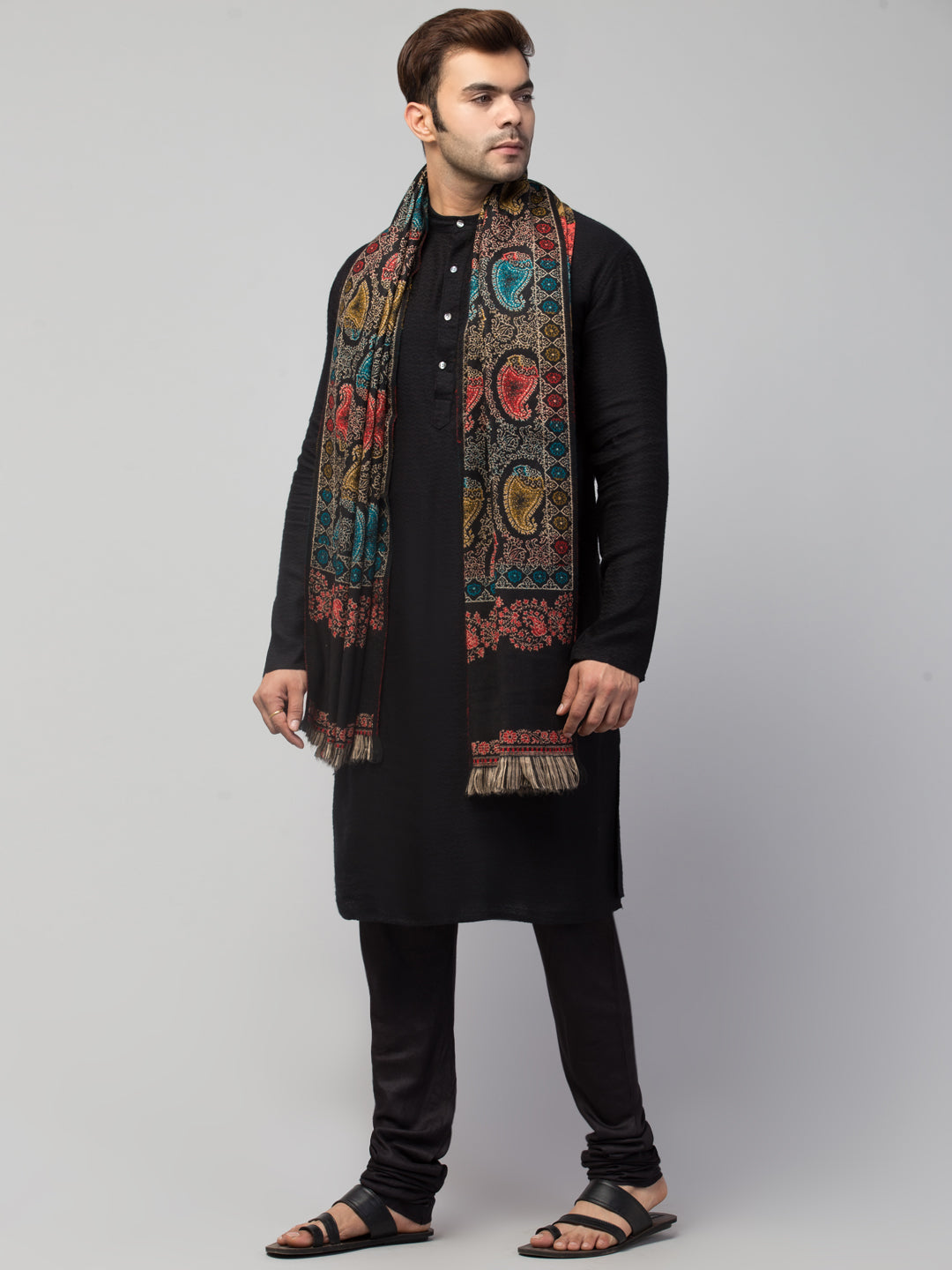 Tweedle Men’s Jamawar Paisley Design Woolen Shawl / Stole for Winters - Black (40 x 80 inches)