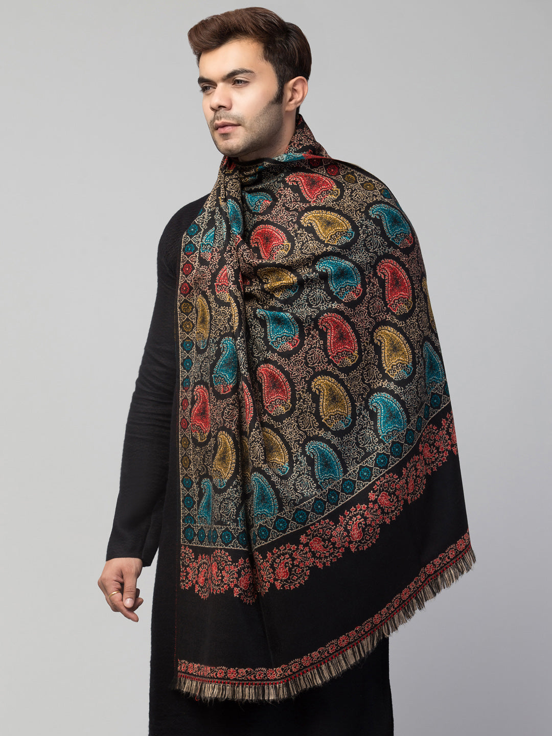 Tweedle Men’s Jamawar Paisley Design Woolen Shawl / Stole for Winters - Black (40 x 80 inches)