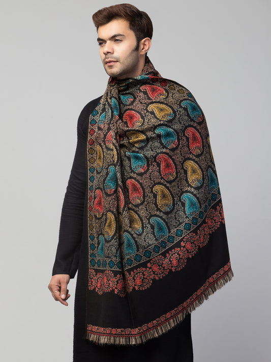 Tweedle Men’s Jamawar Paisley Design Woolen Shawl / Stole for Winters - Black (40 x 80 inches)