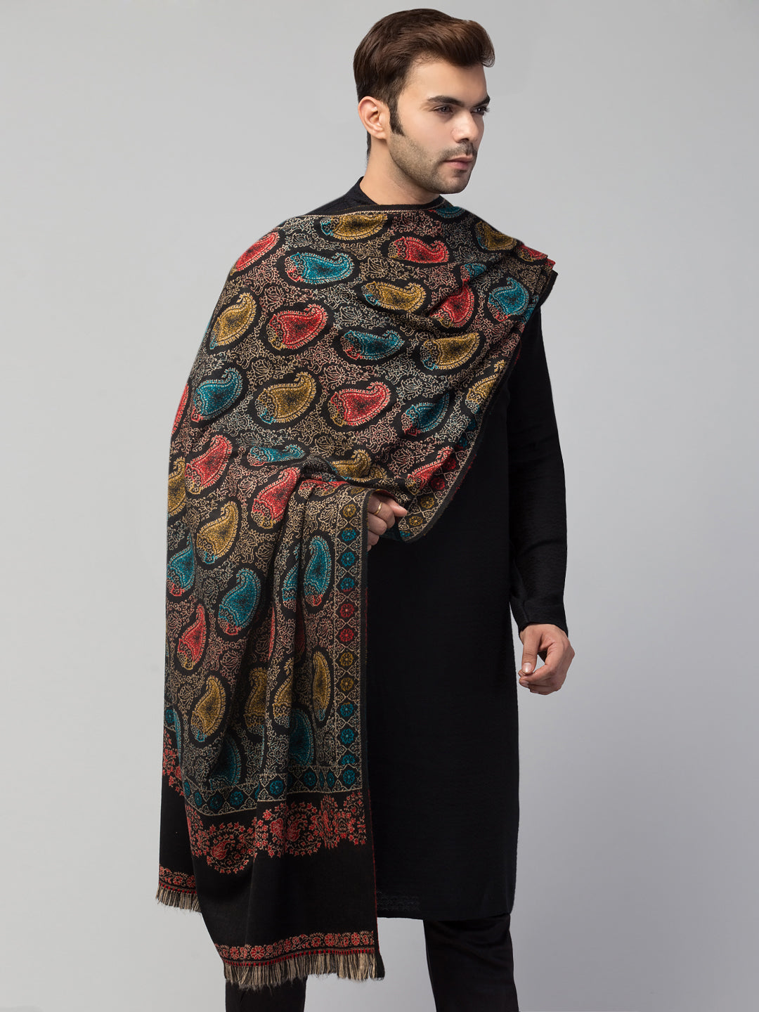 Tweedle Men’s Jamawar Paisley Design Woolen Shawl / Stole for Winters - Black (40 x 80 inches)