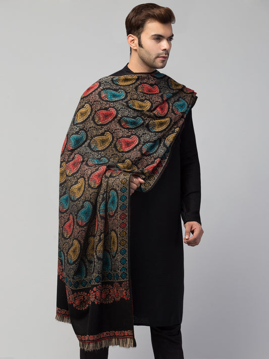 Tweedle Men’s Jamawar Paisley Design Woolen Shawl / Stole for Winters - Black (40 x 80 inches)