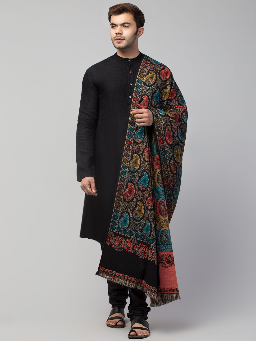Tweedle Men’s Jamawar Paisley Design Woolen Shawl / Stole for Winters - Black (40 x 80 inches)