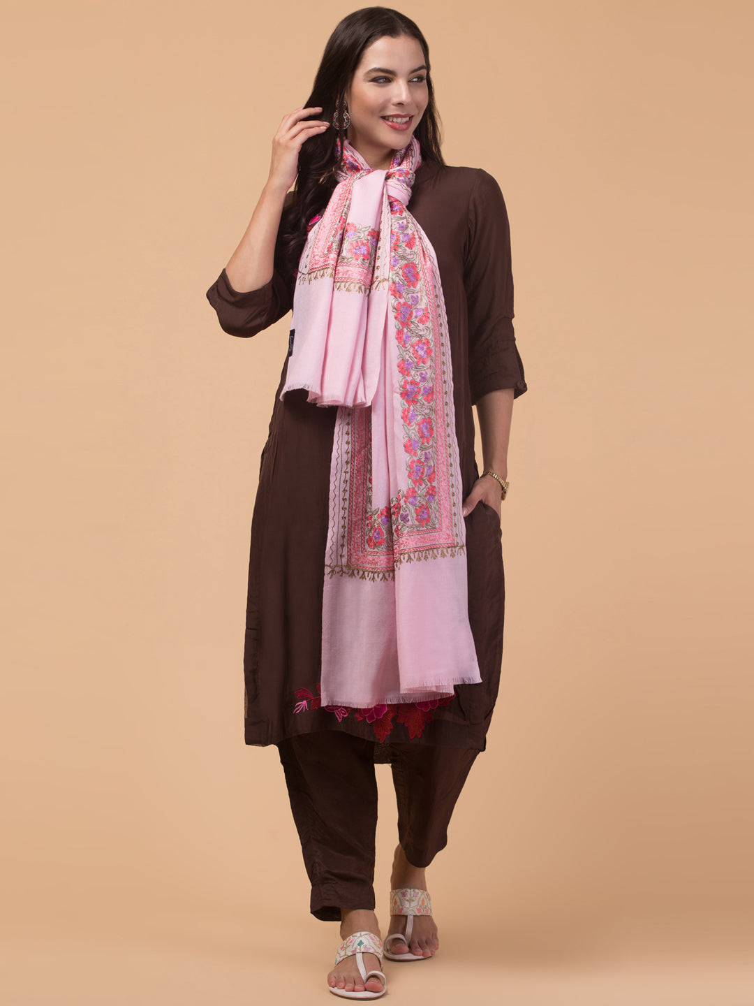 Tweedle Women’s Gulbahaar Aari Embroidery Stole/ Scarf - Pink (Size-28x80)