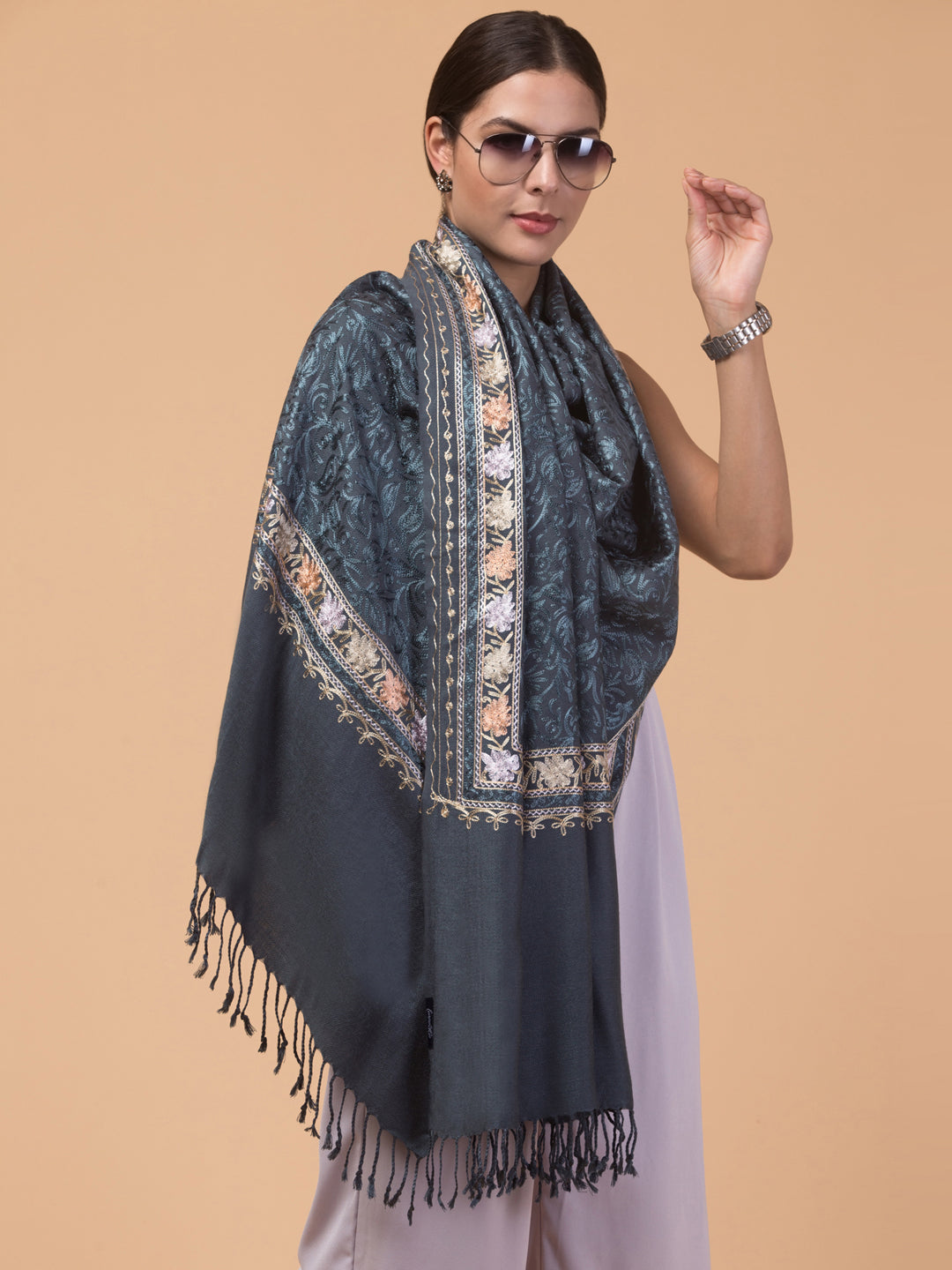 Acro Wool, Soft Feel Kashmiri Embroidery Stole for Winters - Grey